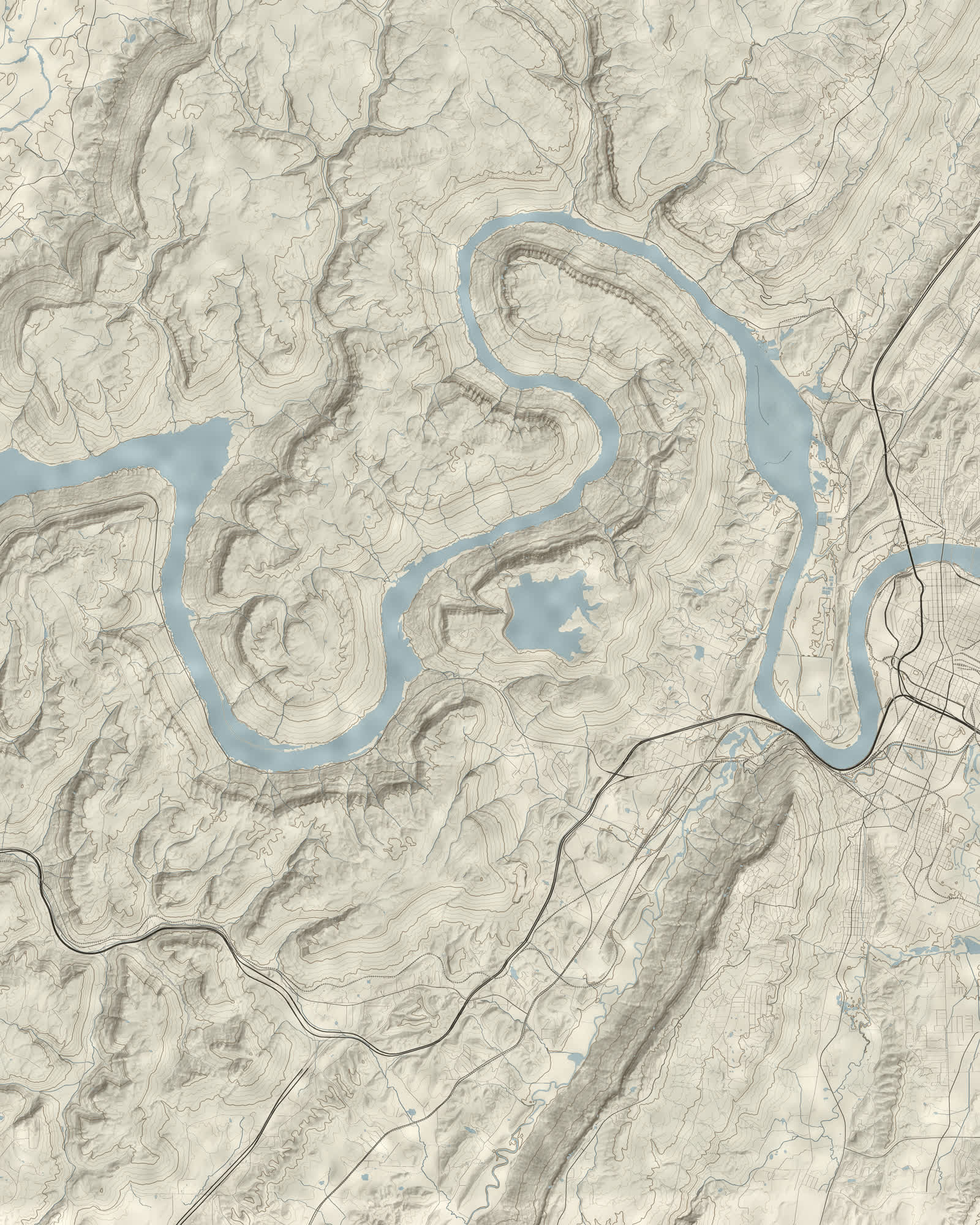 Survey sheet of the valley the war is fought in: a river running between long ridges, with towns along it