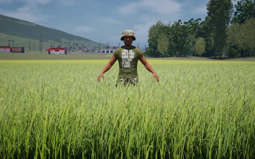 In-game capture: a soldier in helmet, trousers and boots wearing the olive supporter tee in a field below Lookout Mountain. The print reads: I paid five dollars for a free game and all I got is this t-shirt.